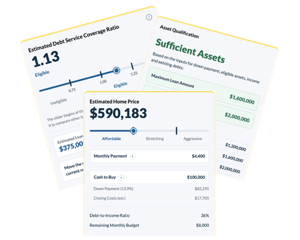 Mortgage calculator tools for home affordability, DSCR loans, asset depletion mortgages, and monthly mortgage payments