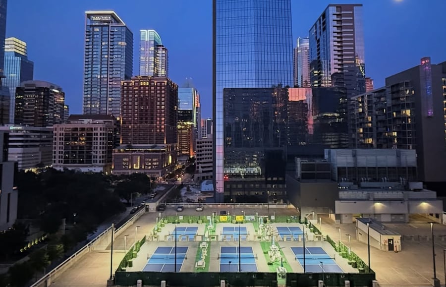 Urban Pickleball Club Downtown Austin skyline view