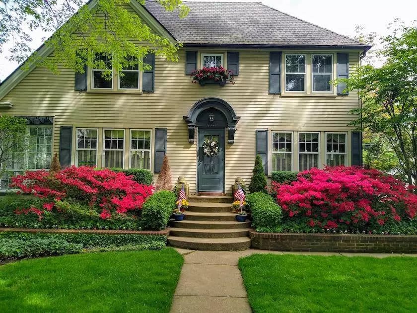 The front exterior of a house with a few steps up to the door and bright pink flowers on either side.